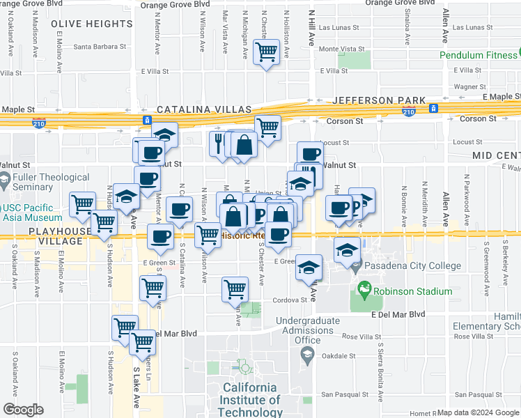 map of restaurants, bars, coffee shops, grocery stores, and more near 90 North Michigan Avenue in Pasadena