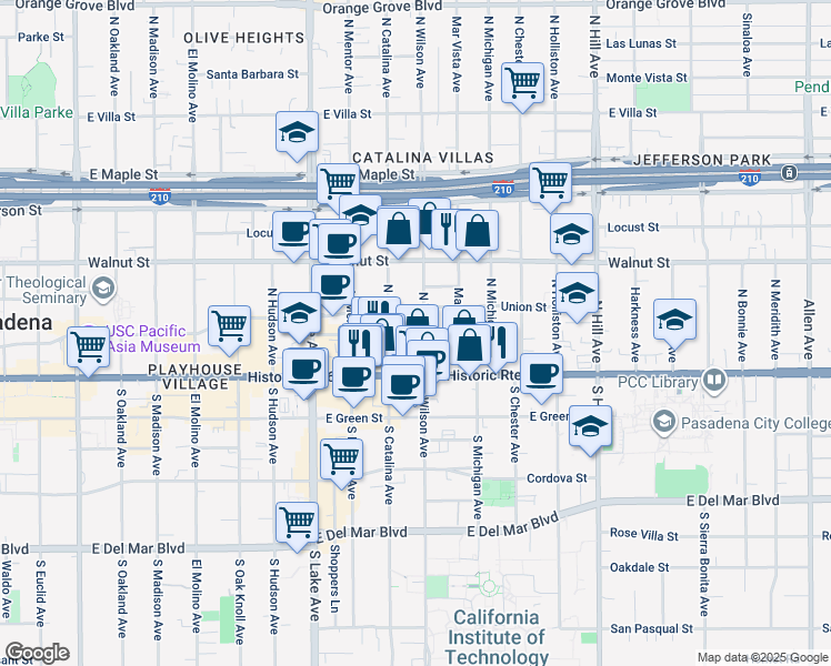 map of restaurants, bars, coffee shops, grocery stores, and more near 87 North Wilson Avenue in Pasadena