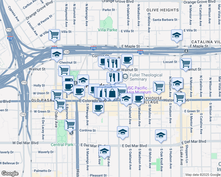 map of restaurants, bars, coffee shops, grocery stores, and more near in Pasadena