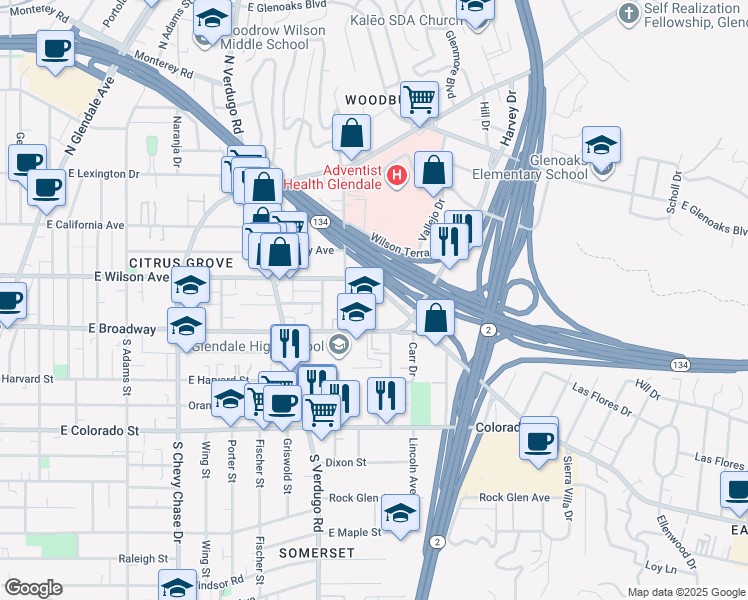 map of restaurants, bars, coffee shops, grocery stores, and more near 1502 East Wilson Avenue in Glendale