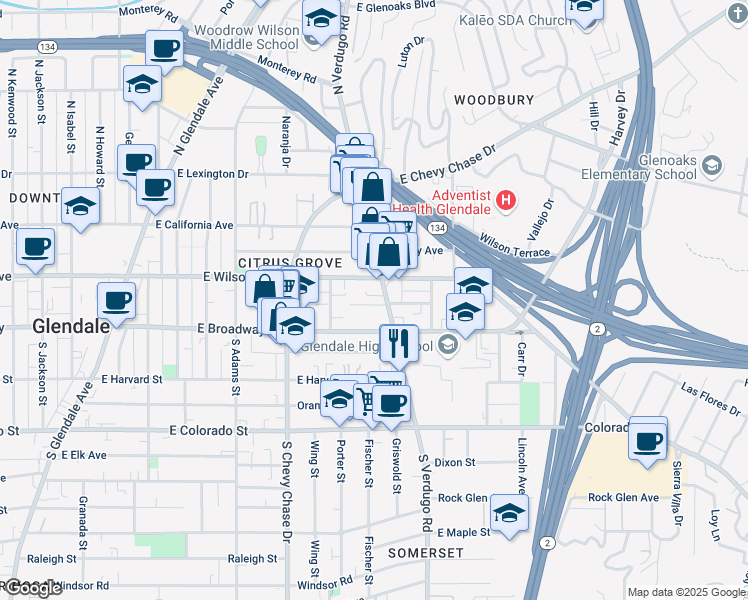 map of restaurants, bars, coffee shops, grocery stores, and more near 135 North Verdugo Road in Glendale