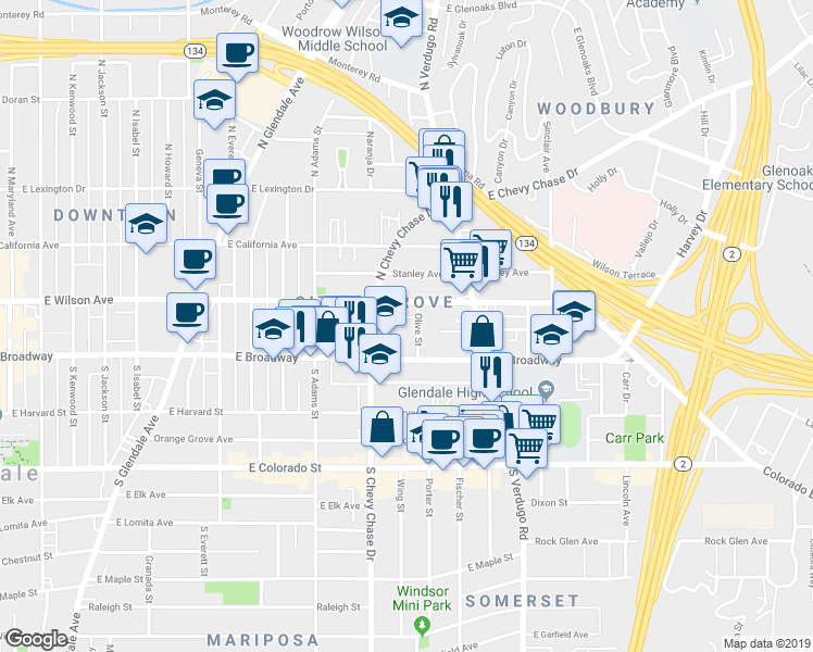 map of restaurants, bars, coffee shops, grocery stores, and more near 134 Olive Street in Glendale