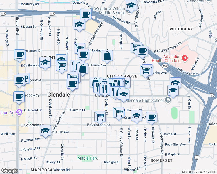 map of restaurants, bars, coffee shops, grocery stores, and more near 135 North Adams Street in Glendale