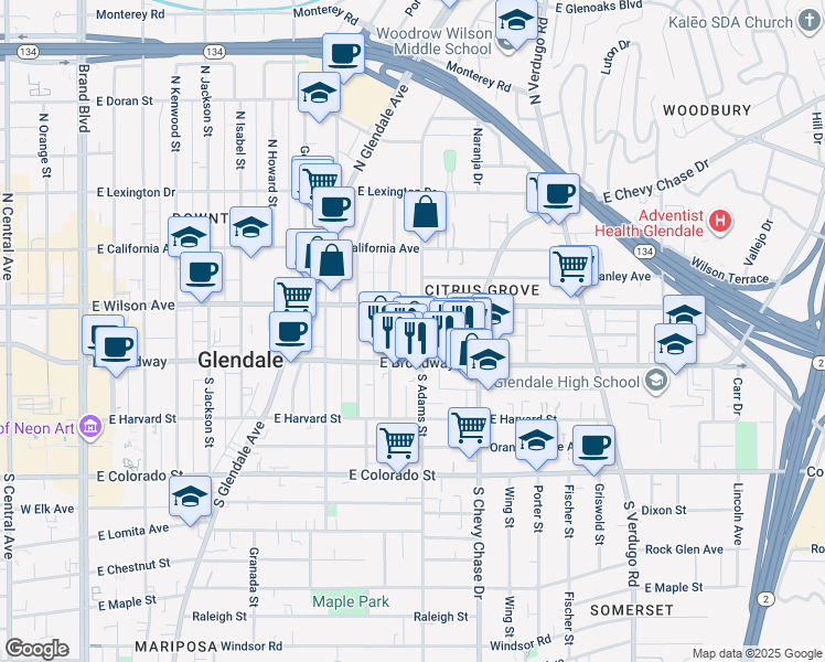 map of restaurants, bars, coffee shops, grocery stores, and more near 135 North Adams Street in Glendale