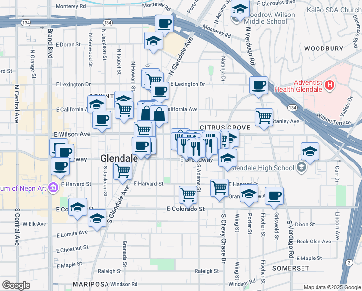 map of restaurants, bars, coffee shops, grocery stores, and more near 131 North Belmont Street in Glendale