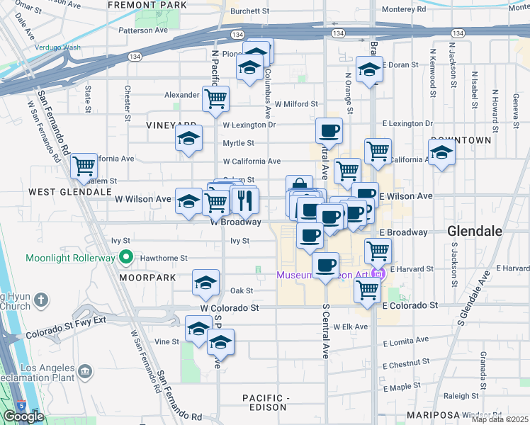 map of restaurants, bars, coffee shops, grocery stores, and more near 117 North Columbus Avenue in Glendale