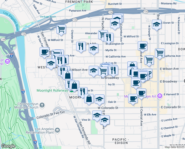 map of restaurants, bars, coffee shops, grocery stores, and more near 116 North Kenilworth Avenue in Glendale