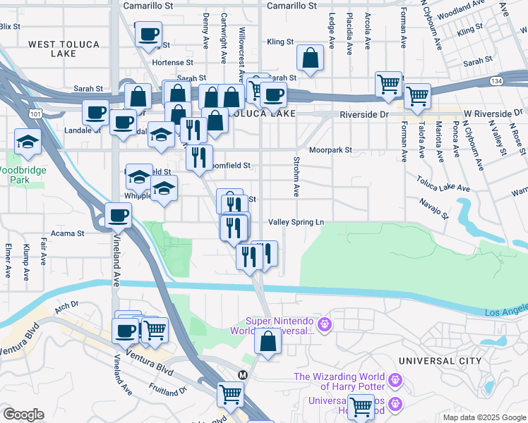 map of restaurants, bars, coffee shops, grocery stores, and more near 4259 Cahuenga Boulevard in Los Angeles