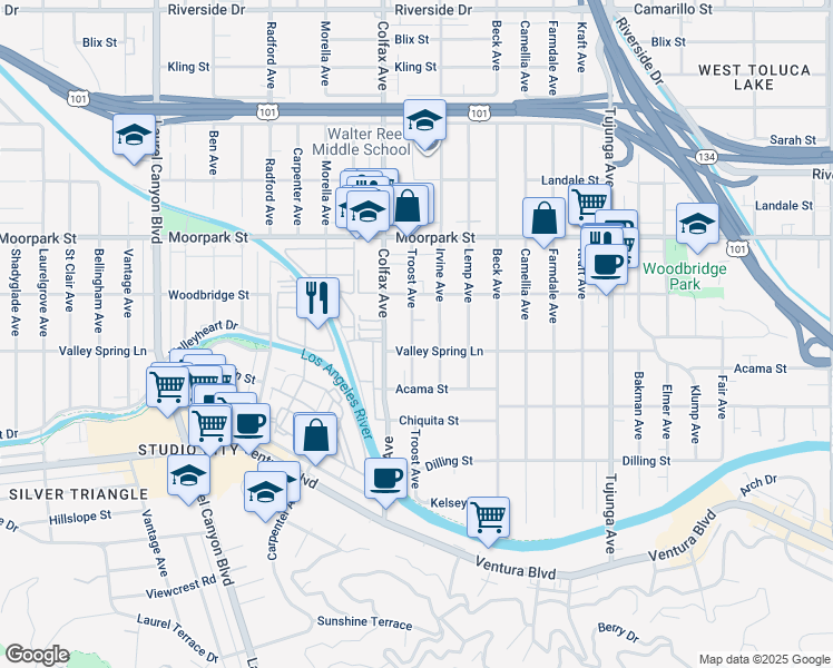 map of restaurants, bars, coffee shops, grocery stores, and more near 4303 Irvine Avenue in Los Angeles