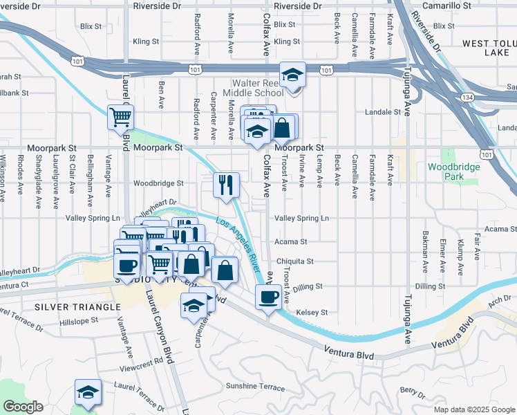 map of restaurants, bars, coffee shops, grocery stores, and more near 11792 Moorpark Street in Los Angeles