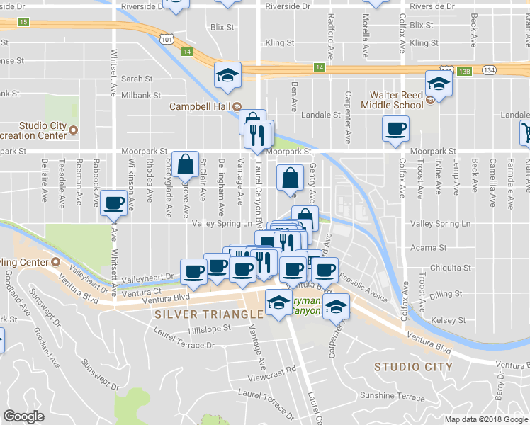 map of restaurants, bars, coffee shops, grocery stores, and more near 4211 Laurel Canyon Boulevard in Los Angeles