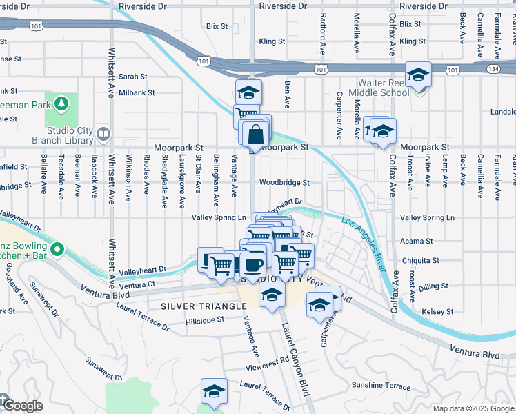 map of restaurants, bars, coffee shops, grocery stores, and more near 4211 Laurel Canyon Boulevard in Los Angeles