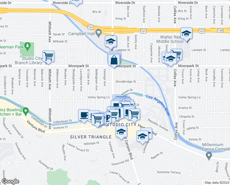 map of restaurants, bars, coffee shops, grocery stores, and more near 4240 Laurel Canyon Boulevard in Los Angeles