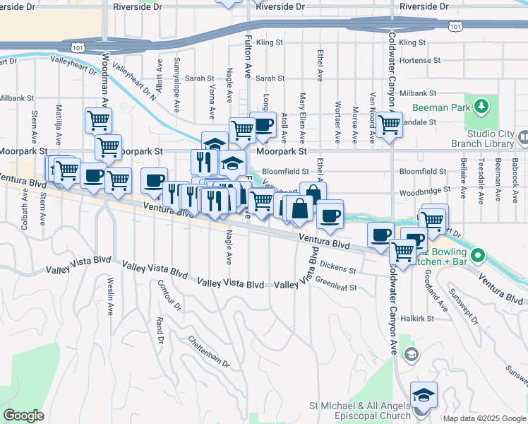 map of restaurants, bars, coffee shops, grocery stores, and more near 4240 Fulton Avenue in Los Angeles
