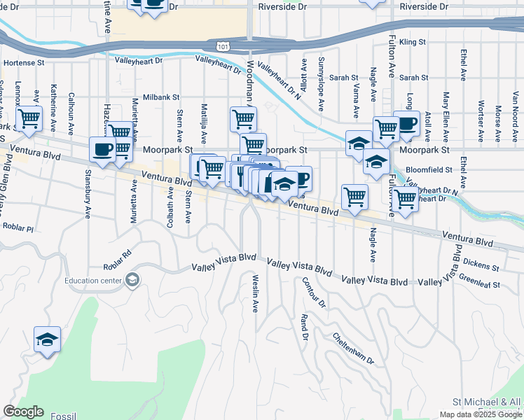 map of restaurants, bars, coffee shops, grocery stores, and more near 4236 Woodman Avenue in Los Angeles