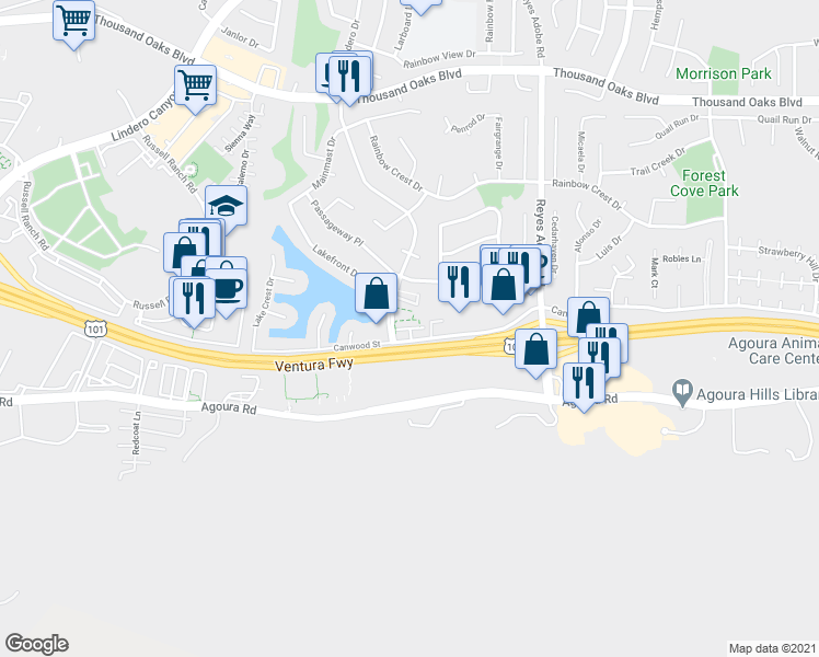 map of restaurants, bars, coffee shops, grocery stores, and more near 30537 Canwood Street in Agoura Hills