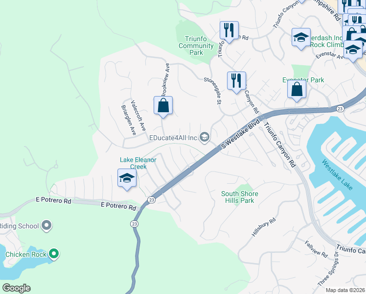 map of restaurants, bars, coffee shops, grocery stores, and more near 1371 Whitehall Place in Westlake Village