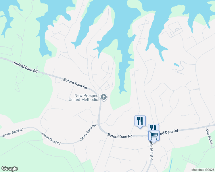 map of restaurants, bars, coffee shops, grocery stores, and more near 1704 Pine Tree Drive in Buford