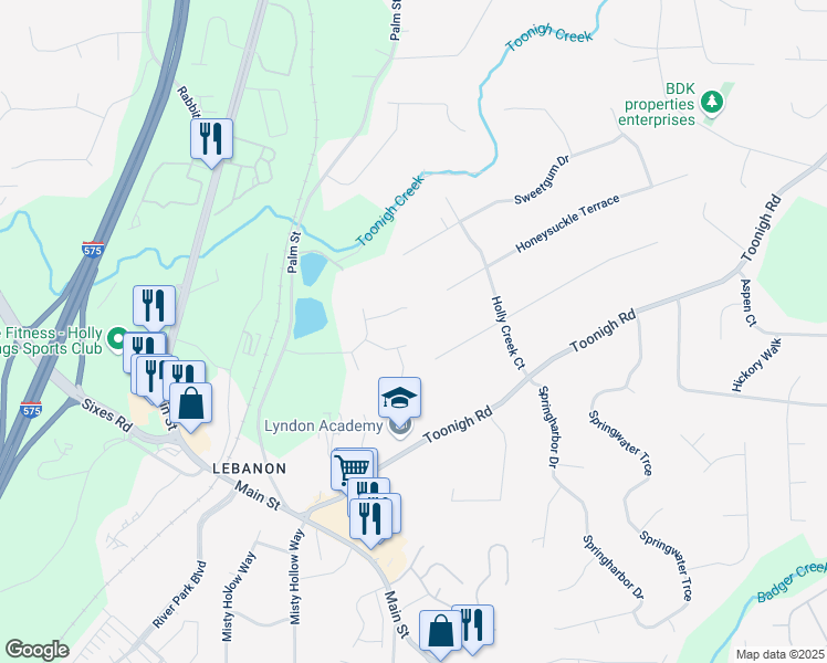map of restaurants, bars, coffee shops, grocery stores, and more near 313 Ridge Hill Circle in Canton