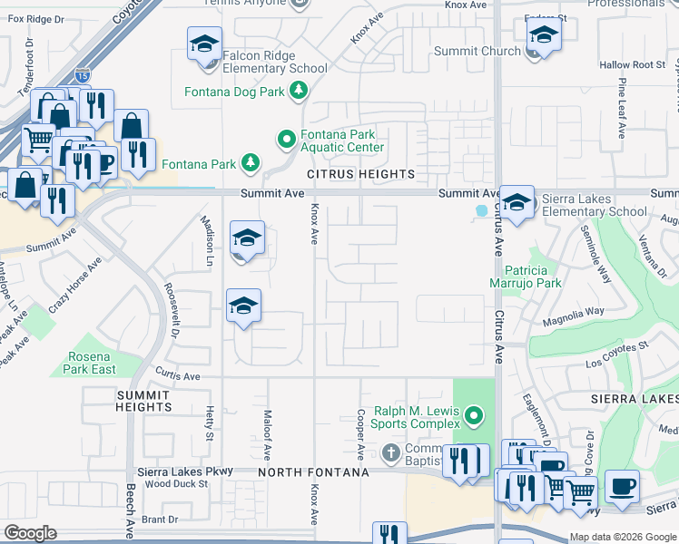 map of restaurants, bars, coffee shops, grocery stores, and more near 15751 Snowy Peak Lane in Fontana