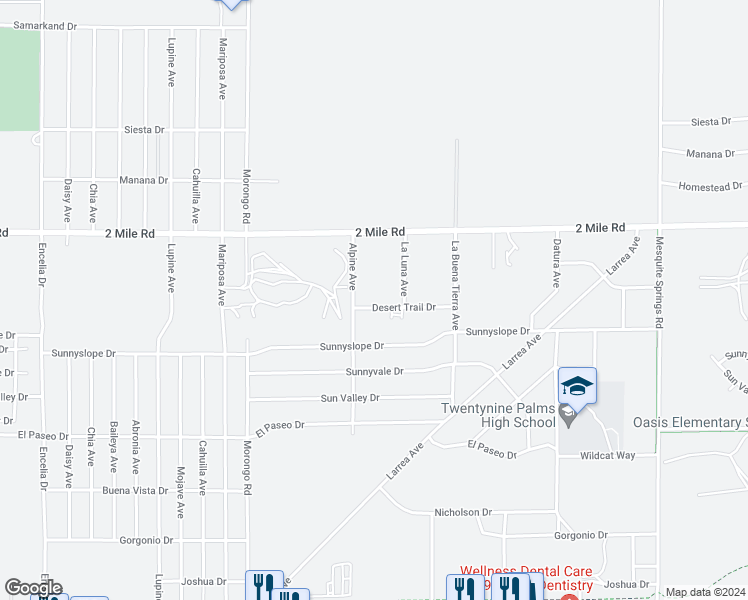 map of restaurants, bars, coffee shops, grocery stores, and more near 72342 Desert Trail Drive in Twentynine Palms