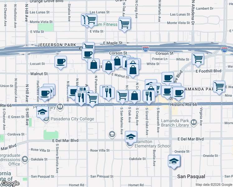 map of restaurants, bars, coffee shops, grocery stores, and more near 78 North San Marino Avenue in Pasadena