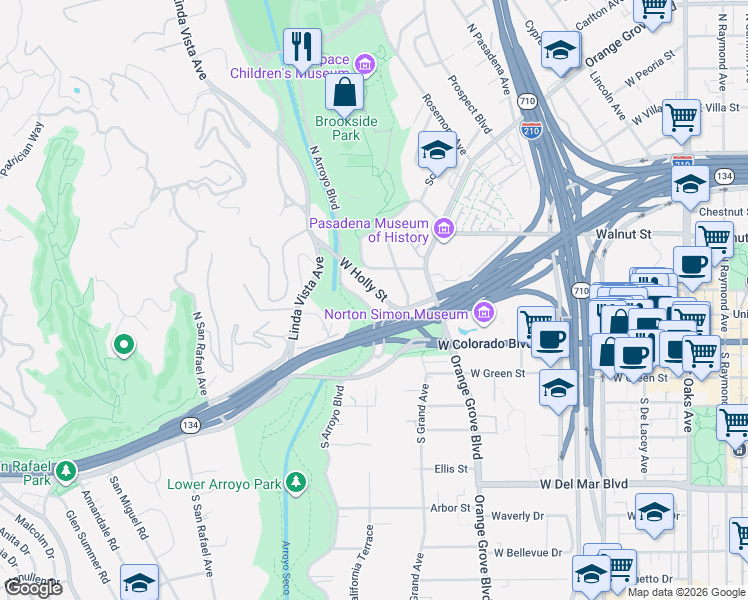 map of restaurants, bars, coffee shops, grocery stores, and more near 52 North Arroyo Boulevard in Pasadena