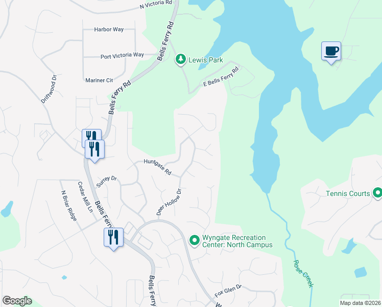 map of restaurants, bars, coffee shops, grocery stores, and more near 1043 Deer Hollow Drive in Woodstock