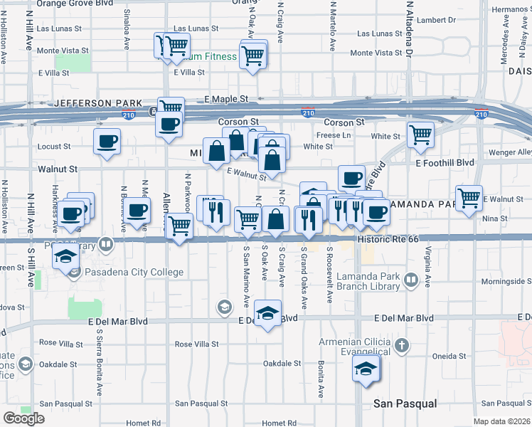map of restaurants, bars, coffee shops, grocery stores, and more near 64 North Oak Avenue in Pasadena