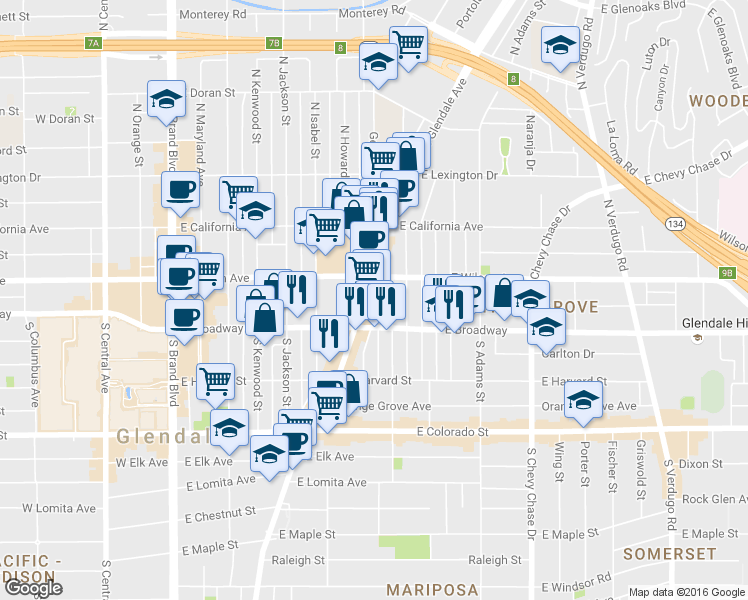 map of restaurants, bars, coffee shops, grocery stores, and more near 132 N Glendale Ave in Glendale