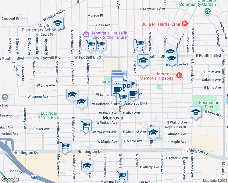 map of restaurants, bars, coffee shops, grocery stores, and more near 116 West Lime Avenue in Monrovia
