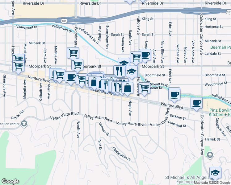 map of restaurants, bars, coffee shops, grocery stores, and more near 13428A Ventura Boulevard in Los Angeles