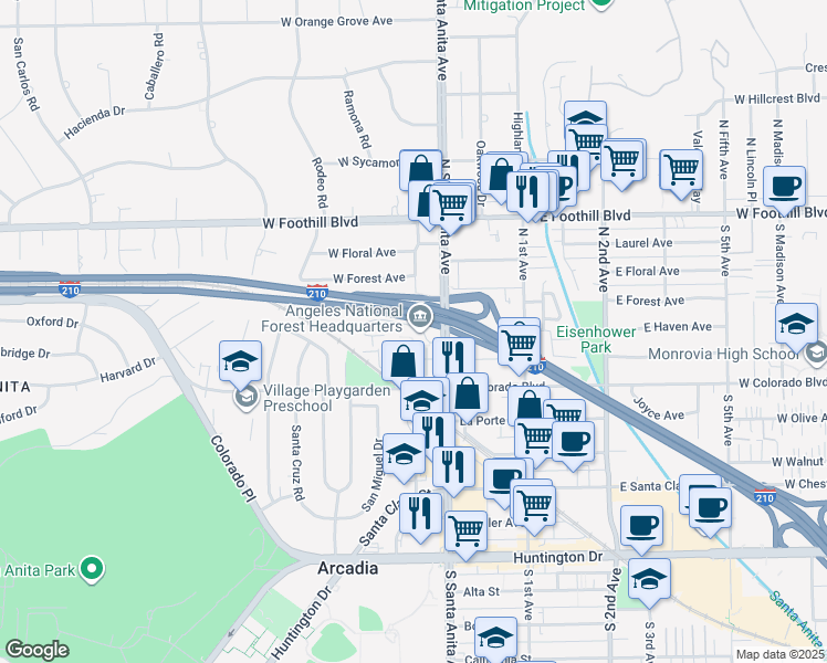 map of restaurants, bars, coffee shops, grocery stores, and more near 701 North Santa Anita Avenue in Arcadia