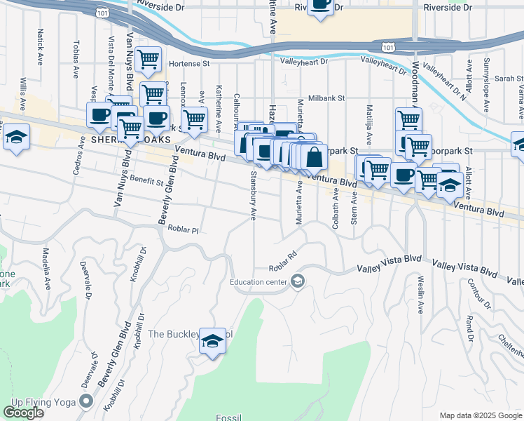 map of restaurants, bars, coffee shops, grocery stores, and more near 14115 Greenleaf Street in Los Angeles