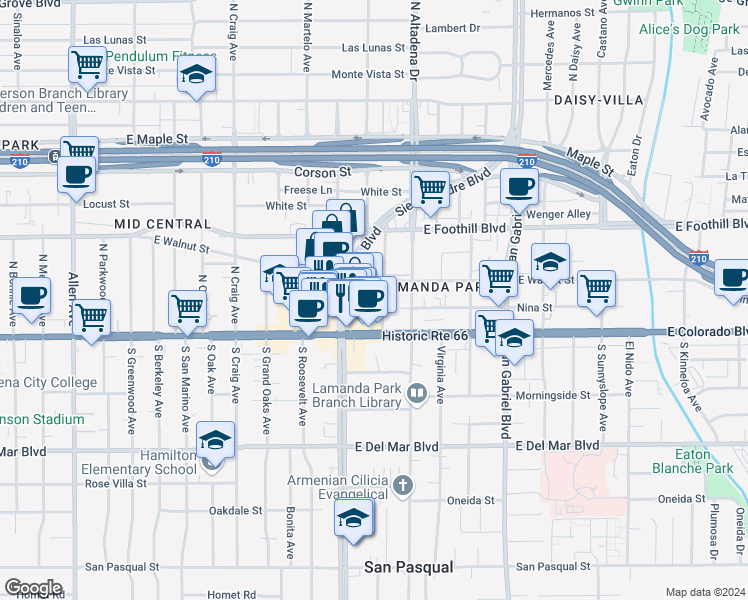 map of restaurants, bars, coffee shops, grocery stores, and more near 63 Eloise Avenue in Pasadena