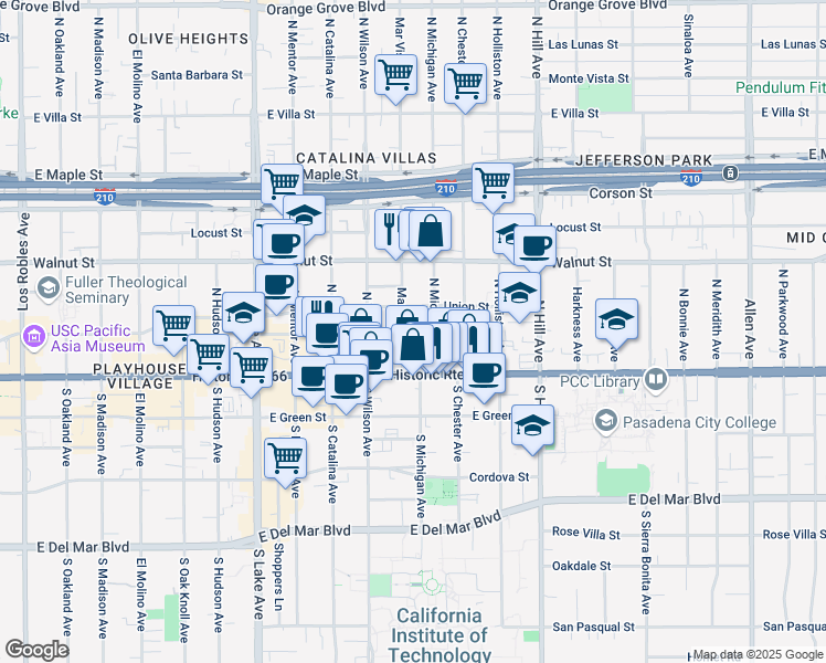 map of restaurants, bars, coffee shops, grocery stores, and more near 64 Mar Vista Avenue in Pasadena