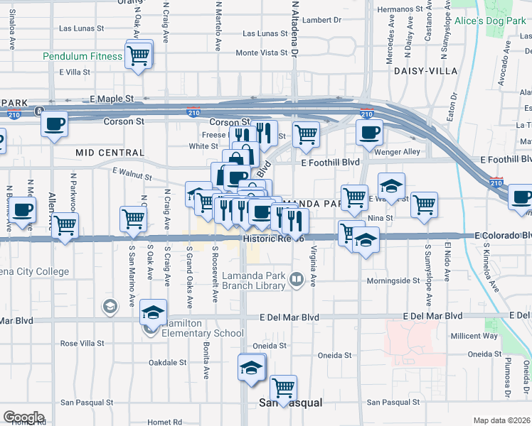 map of restaurants, bars, coffee shops, grocery stores, and more near 72 North Sierra Madre Boulevard in Pasadena