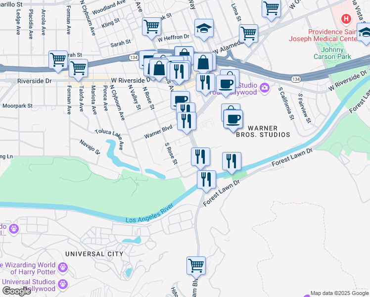 map of restaurants, bars, coffee shops, grocery stores, and more near 4301 West Olive Avenue in Burbank