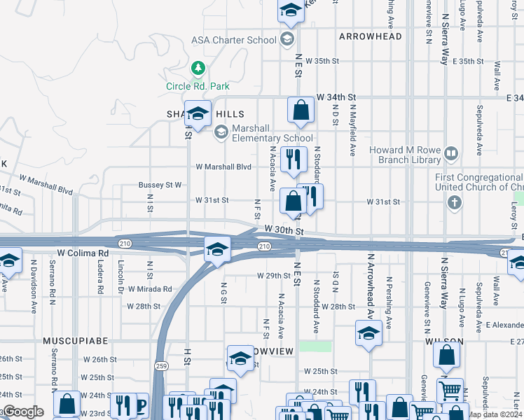 map of restaurants, bars, coffee shops, grocery stores, and more near in San Bernardino