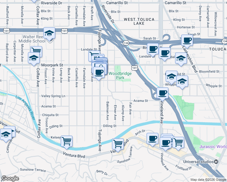 map of restaurants, bars, coffee shops, grocery stores, and more near 4291 Elmer Avenue in Los Angeles
