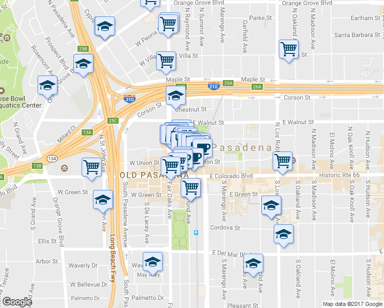map of restaurants, bars, coffee shops, grocery stores, and more near 80 North Raymond Avenue in Pasadena