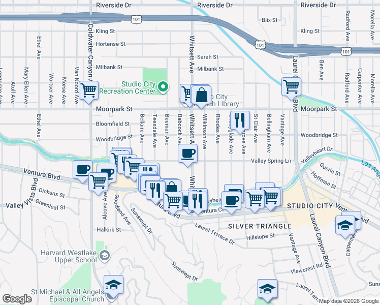 map of restaurants, bars, coffee shops, grocery stores, and more near 4217 Whitsett Avenue in Los Angeles