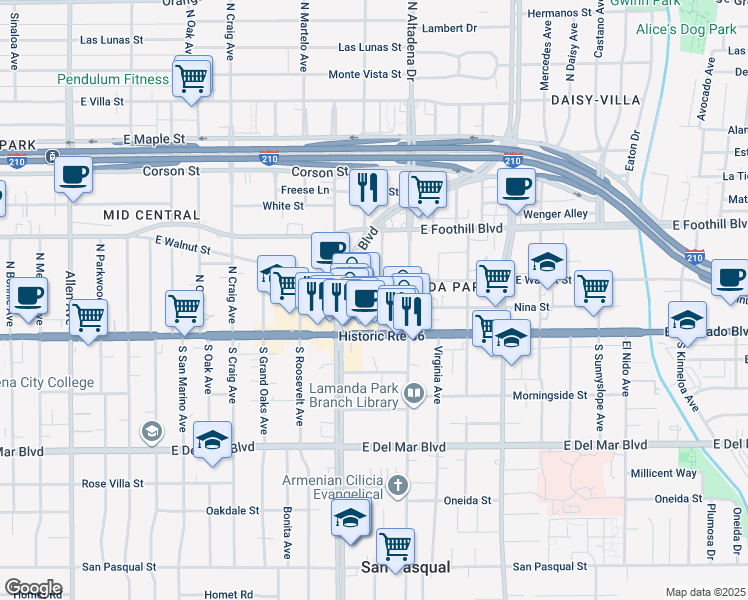 map of restaurants, bars, coffee shops, grocery stores, and more near 63 Eloise Avenue in Pasadena