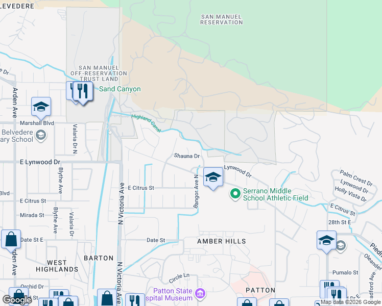 map of restaurants, bars, coffee shops, grocery stores, and more near 3064 Shauna Drive in Highland