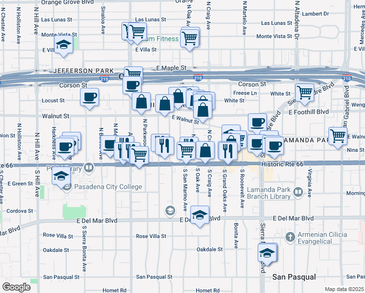 map of restaurants, bars, coffee shops, grocery stores, and more near 2 North San Marino Avenue in Pasadena