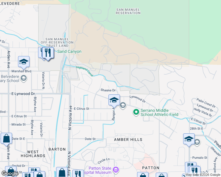 map of restaurants, bars, coffee shops, grocery stores, and more near 3064 Shauna Drive in Highland