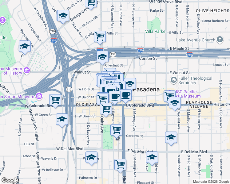 map of restaurants, bars, coffee shops, grocery stores, and more near 80 North Raymond Avenue in Pasadena