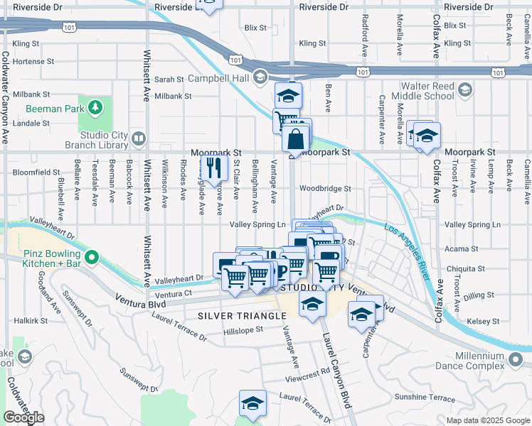 map of restaurants, bars, coffee shops, grocery stores, and more near 4219 Vantage Avenue in Los Angeles