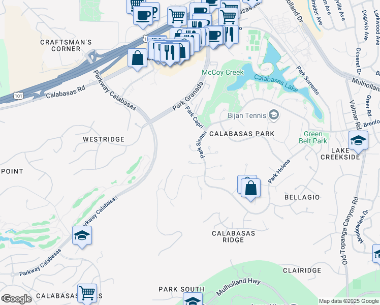 map of restaurants, bars, coffee shops, grocery stores, and more near 23718 Park Madrid in Calabasas