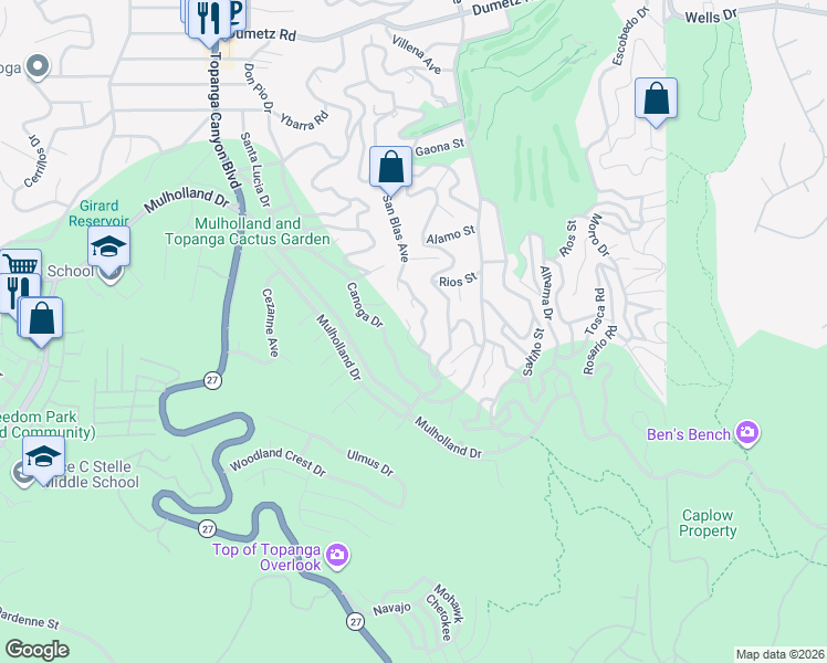 map of restaurants, bars, coffee shops, grocery stores, and more near 4324 Torreon Drive in Los Angeles